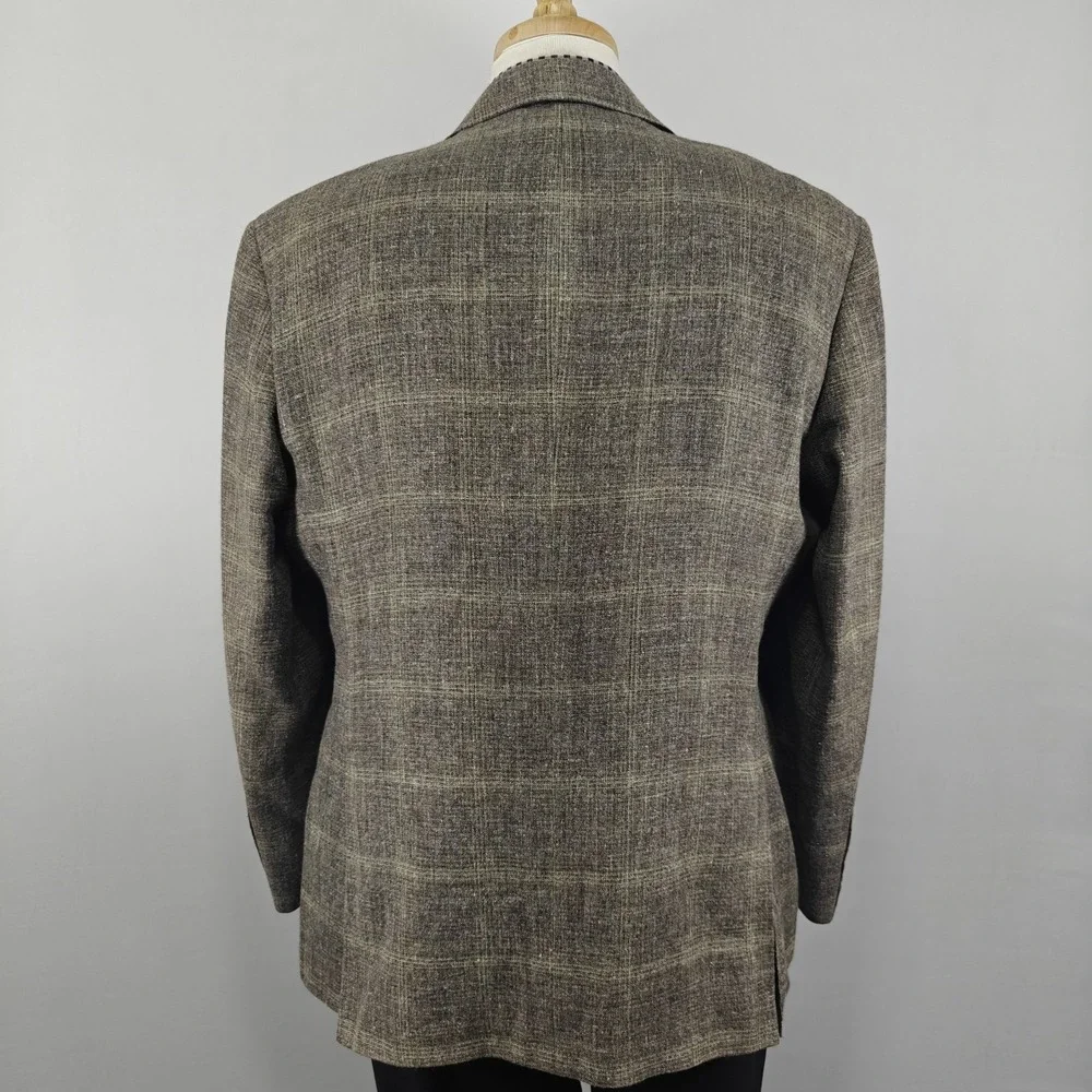 JOS A BANK‎ Reserve Men's Sport Coat  Brown Plaid Wool Silk Linen E.THOMAS 46R